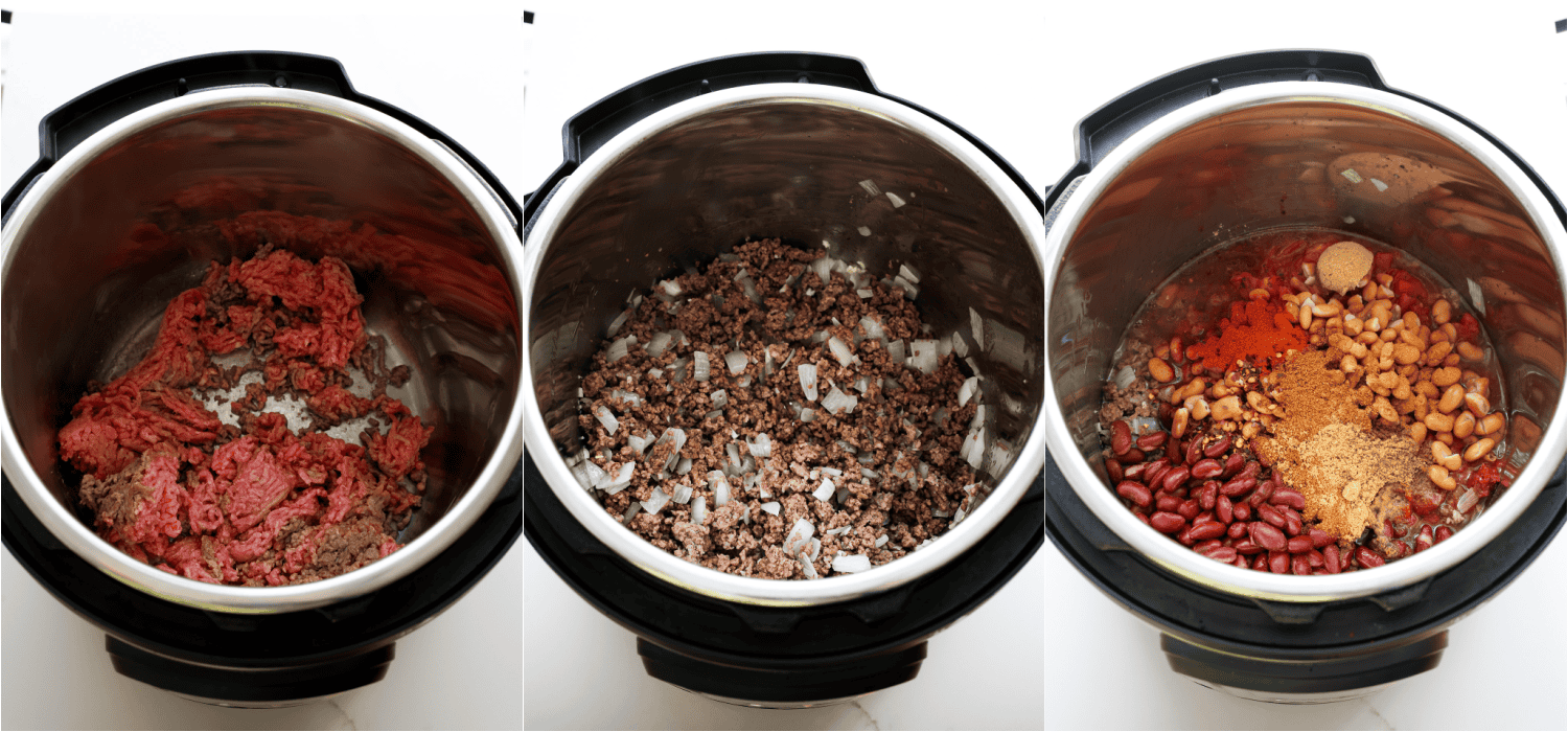 Some of the steps for making instant pot chili. Sauté the ground beef in the Instant Pot. When the beef is halfway browned, add the onion and continue cooking until the beef is browned and the onion is soft. Turn the Instant Pot off and add the garlic and stir, allowing the residual heat to cook it.
Add the beef broth, tomato paste, diced tomatoes with green chilies, fire-roasted diced tomatoes, dark red kidney beans, pinto beans, chili powder, ground cumin, smoked paprika, brown sugar, red pepper flakes, and ground cayenne.