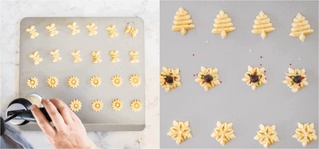 Some of the steps to making spritz cookies. Fill the cookie press with the mixture, then press the dough onto a cool baking sheet.
