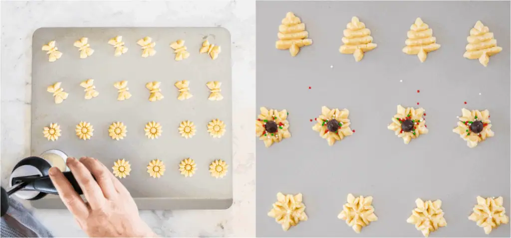 Some of the steps to making spritz cookies. Fill the cookie press with the mixture, then press the dough onto a cool baking sheet.