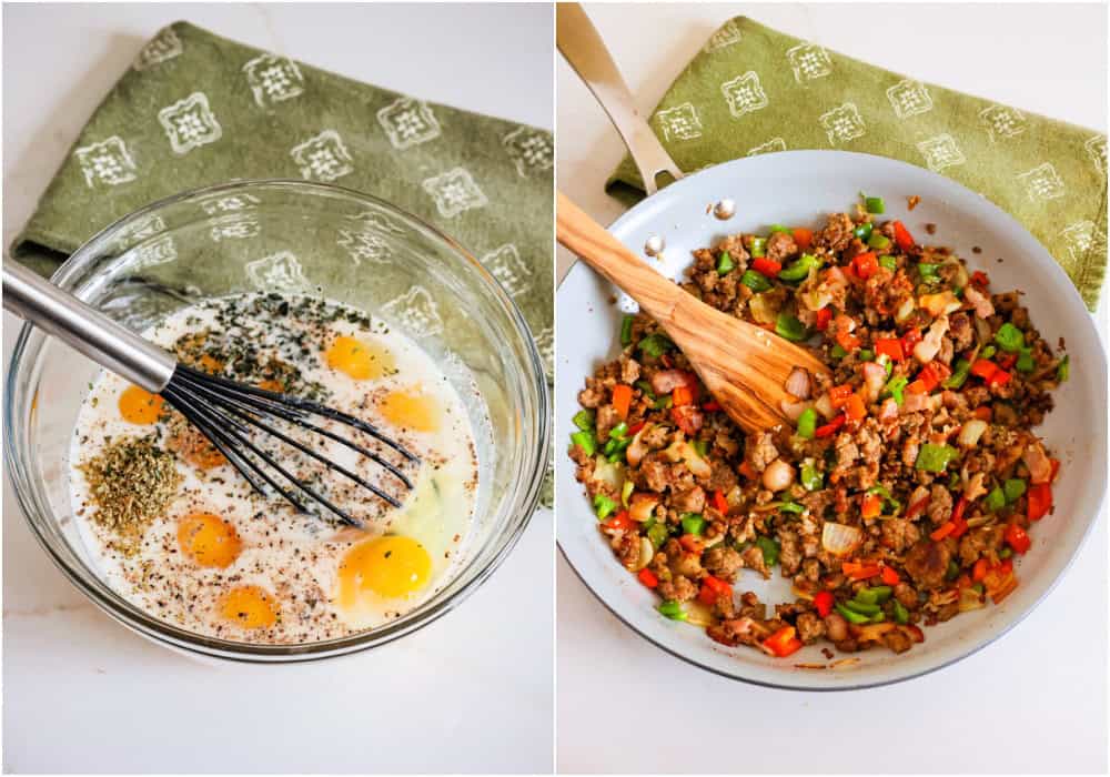 Whisk the eggs, milk, thyme, marjoram, salt, and black pepper in a large bowl and set it aside for a few minutes.

In a large skillet, brown the bacon and sausage while breaking it up. About halfway through the browning process, add the onion and bell peppers. Cook until the sausage is browned and the vegetables start to soften. Reduce the heat to low and add the garlic, cooking for a minute while stirring.