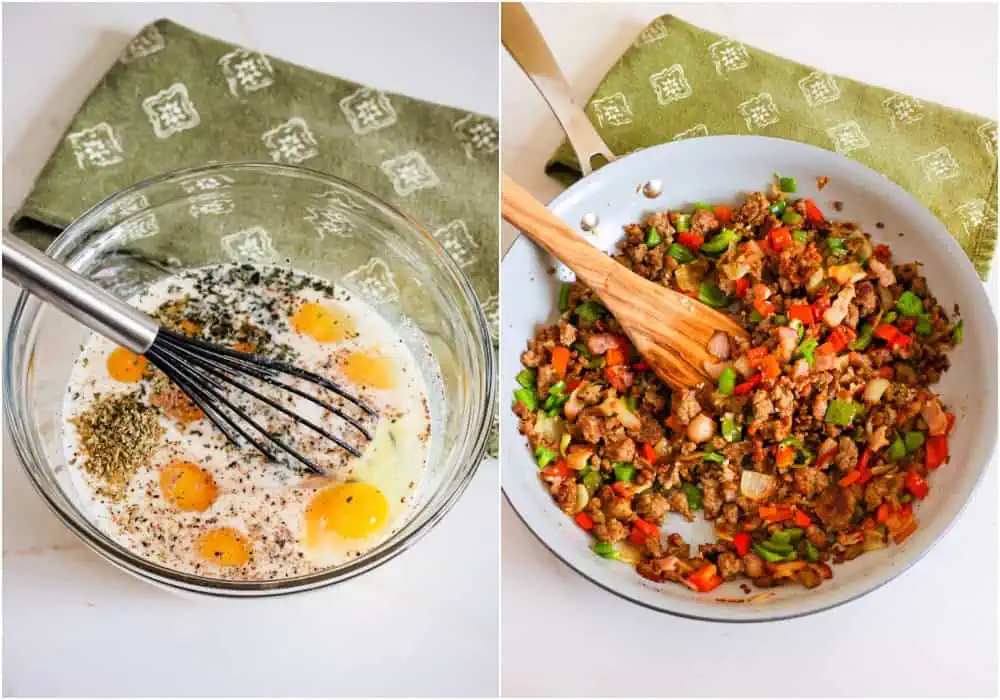 Whisk the eggs, milk, thyme, marjoram, salt, and black pepper in a large bowl and set it aside for a few minutes.

In a large skillet, brown the bacon and sausage while breaking it up. About halfway through the browning process, add the onion and bell peppers. Cook until the sausage is browned and the vegetables start to soften. Reduce the heat to low and add the garlic, cooking for a minute while stirring.