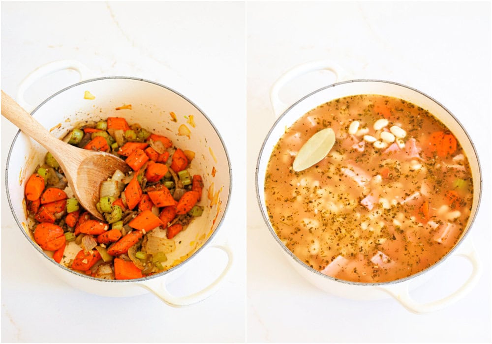 Some of the steps to making ham and beans. Heat a little olive oil in the pot over medium-low heat. Add the onion, celery, and carrots, cooking and stirring frequently until the carrots and celery are tender. Reduce the heat to low and add the garlic, marjoram, basil, thyme, cumin, and cayenne pepper. Cook for a minute, stirring frequently. Add the diced ham, ham bone, and beans to the pot. Then, add enough chicken broth to cover the mixture. Stir in the brown sugar and add the bay leaf. Bring the mixture to a boil, then reduce to a simmer