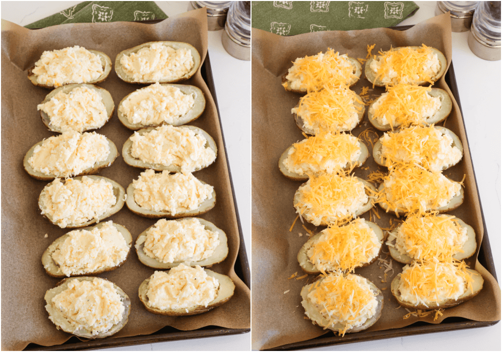 Some of the steps for making twice-baked potatoes. Spoon the mashed mixture into the potatoes. Top them with a little more cheese and bake.