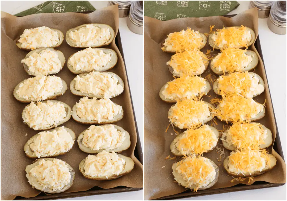 Some of the steps for making twice-baked potatoes. Spoon the mashed mixture into the potatoes. Top them with a little more cheese and bake.