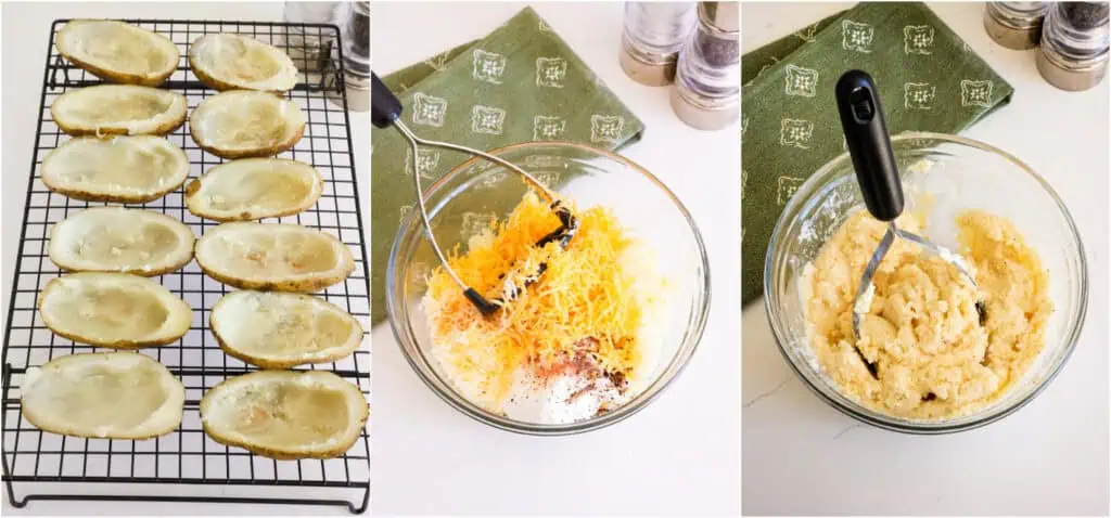 Some of the steps to making twice-baked potatoes. Cut the baked potatoes in half and scoop the flesh into the bowl, leaving the outer layer intact. Add the sour cream, butter, Monterey Jack, cheddar, garlic powder, onion powder, salt, and black pepper. Mash the mixture with a potato masher. Add just enough milk to make them creamy. 