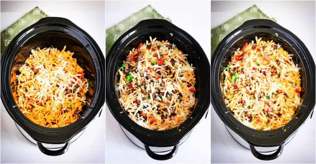 Add 1/3 of the frozen hashbrowns to the bottom of the crockpot, followed by 1/3 of the sausage mixture and 1/3 of the cheese. Repeat two more times, ending with the shredded cheese. Pour the egg mixture over the top. Cook on low for 7-8 hours or high for 3-4 hours. Sprinkle the top with fresh thyme.