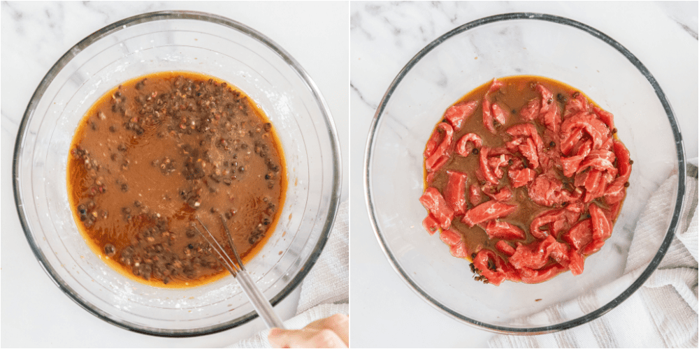 Some of the steps to making szechuan beef. Whisk together the beef broth, low-sodium soy sauce, oyster sauce (or hoisin sauce), rice vinegar, sesame oil, brown sugar, cornstarch, and Szechuan peppercorns. Add the sliced flank steak to a large bowl, pour half of the marinade over the top, toss to coat, and cover the bowl with plastic wrap.