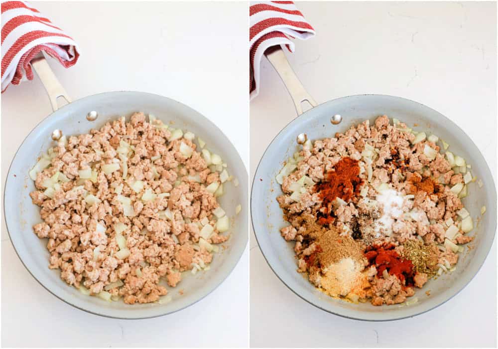 Some of the steps to making ground pork tacos. Brown the ground pork in a large skillet over medium heat. About halfway through the browning process, add the onions. Cook until the pork is browned and the onions are soft.

Reduce the heat to low and stir in the ground cumin, garlic powder, salt, dried oregano, smoked paprika, ground black pepper, red pepper flakes, and ground cayenne pepper.