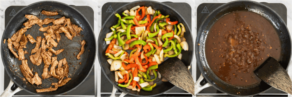 Some of the steps to making szechuan beef. Sear the beef in a little oil over medium heat. Remove it to a plate and cover it to keep it warm. Stir fry the bell peppers and onions over medium heat. Reduce the heat to low and add the garlic, ginger, and chiles. Move them to the plate with the beef. Add the remaining marinade and cook until slightly thickened.