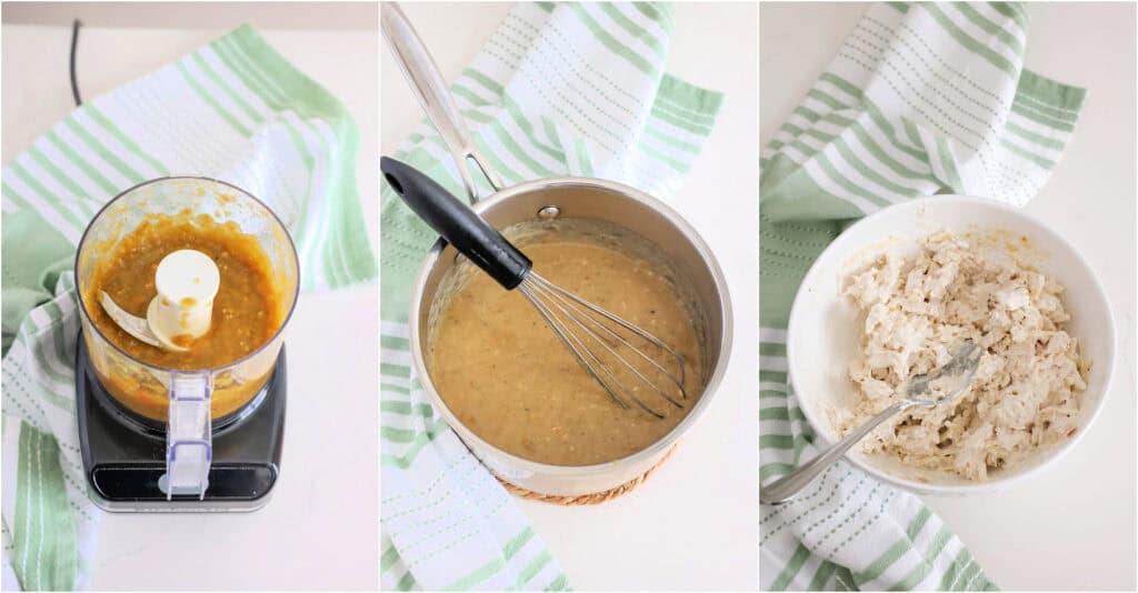Some of the steps to making green chile chicken enchiladas. First, puree the green chiles and garlic until smooth. Then, warm two tablespoons of vegetable oil in a small skillet. Sprinkle in the flour and cook for 2-3 minutes while whisking. Slowly whisk in the chicken broth and simmer over low heat until thickened. Whisk in the ground cumin, dried oregano, salt, freshly ground black pepper, and the green chili mixture. Simmer for 1-2 minutes and then remove from the heat.
Combine the sour cream, green onions, cooked chicken, 1/2 cup of the cheese mixture, and 3 tablespoons of the enchilada sauce in a medium bowl.