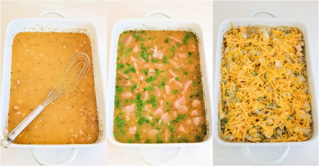 Some of the steps to making chicken rice casserole. Whisk the chicken broth, condensed cream of chicken soup, Italian seasoning, seasoned salt, garlic powder, onion powder, and freshly ground black pepper in the dish. Add the rice, peas, and cubed chicken and stir to combine. Cover the casserole tightly with aluminum foil and bake for 50 minutes or until the rice is tender. Sprinkle the top with cheddar cheese and put it back in the oven