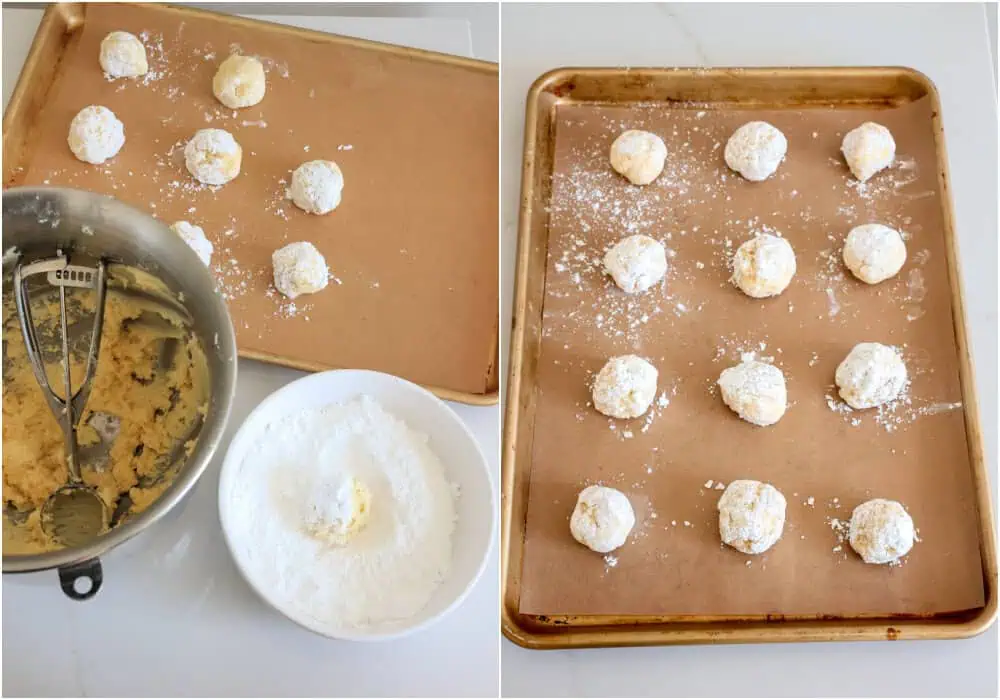 Some of the steps to making gooey butter cookies. Using a 1 1/2 tablespoon cookie scoop that has been dipped in the powdered sugar, scoop the dough out and roll it through the powdered sugar. Place the cookie balls about 2 inches apart on a parchment paper covered baking sheet. 