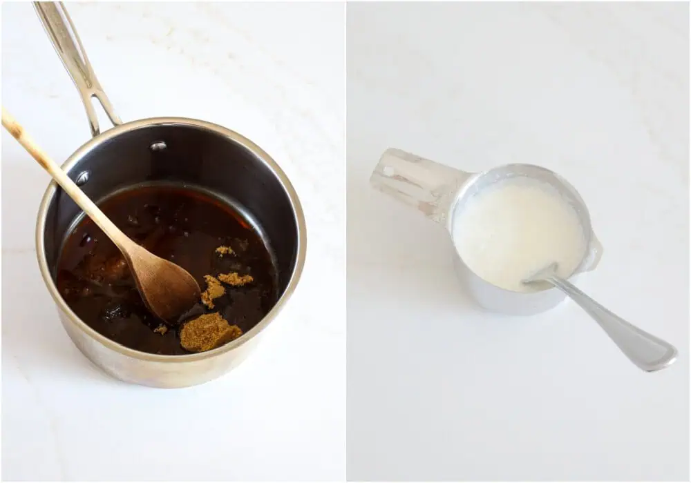 So geht's: Butterscotch-Pudding zubereiten. Braunen Zucker, Salz und Wasser in eine schwere Pfanne geben und bei mittlerer Hitze verrühren. Die Mischung zum Kochen bringen und 5 Minuten köcheln lassen. Maisstärke und 60 ml Milch verquirlen.