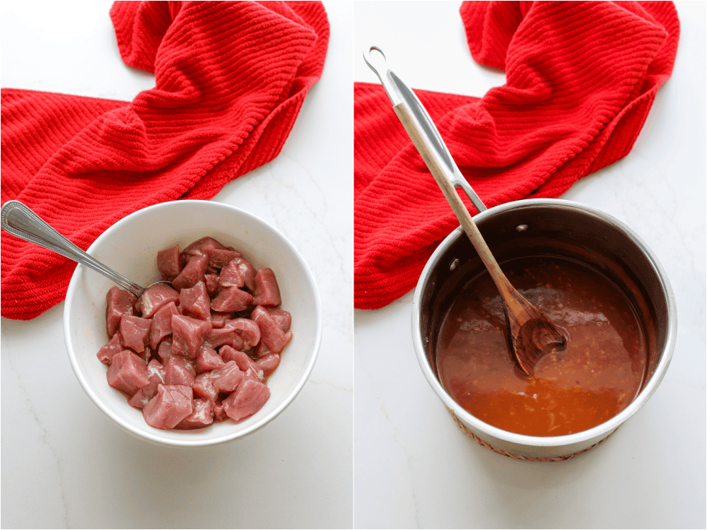 Some of the steps to making sweet and sour pork. Marinate the pork.
Mix the sauce and simmer for a few minutes.