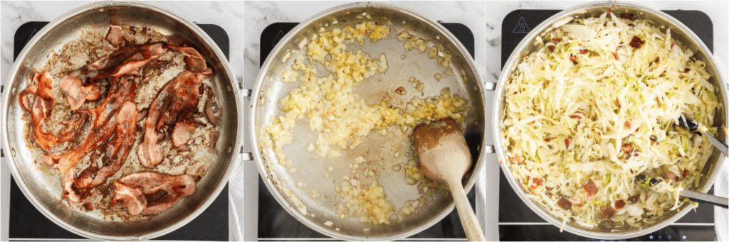 Some of the steps for making fried cabbage