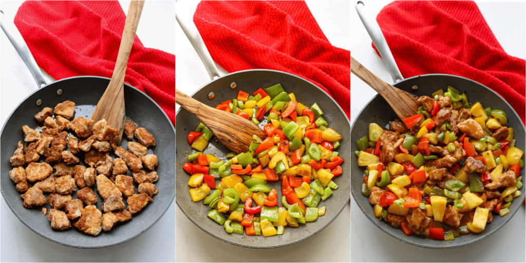 Some of the steps to making sweet and sour pork. Bread the pork and fry it in hot oil. Cook the veggies, add the pineapple, and cook for a couple of minutes. Add the fried pork, simmered sauce, and chopped green onions, and toss to coat.