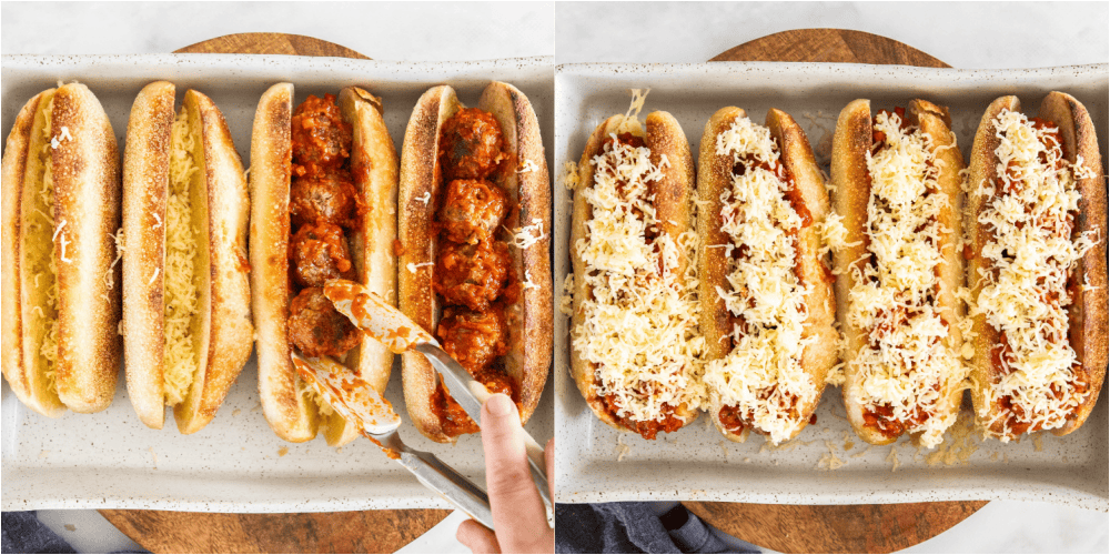 Some of the steps to making meatball subs. Sprinkle the buns with mozzarella, add the meatballs, and sprinkle with more cheese. Place the subs under the broiler on low until the cheese is melted and lightly browned.