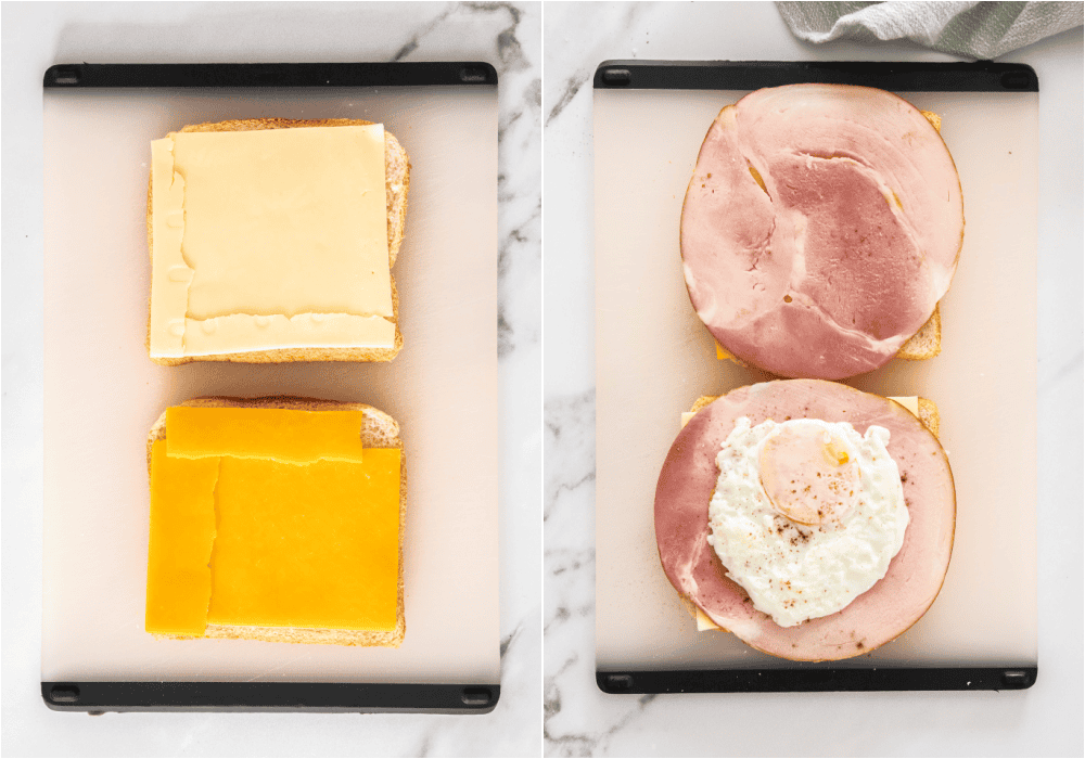 Some of the steps for making a fried egg sandwich. Assemble the bread, ham, and cheese. Cook the eggs over easy or sunny-side up, then add the cooked eggs to the sandwiches.