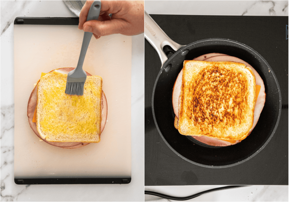 Some of the steps for making a fried egg sandwich. Butter the bread and grill the sandwiches in a skillet until the cheese is melted and the bread is golden brown.