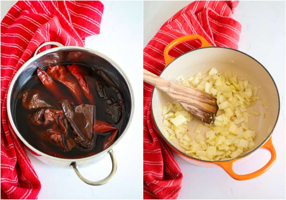 Some of the steps to making chile colorado. First, remove the stems and most of the seeds from the dried peppers, place them in a large pot, and cover them with water. Bring them to a boil and remove them from the heat. Let them soften for 20-30 minutes. Meanwhile, saute the onion in a little olive oil over medium heat. Once the onion is soft, reduce the heat to low and add the garlic, cooking for a minute. 