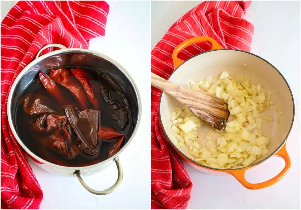 Some of the steps to making chile colorado. First, remove the stems and most of the seeds from the dried peppers, place them in a large pot, and cover them with water. Bring them to a boil and remove them from the heat. Let them soften for 20-30 minutes. Meanwhile, saute the onion in a little olive oil over medium heat. Once the onion is soft, reduce the heat to low and add the garlic, cooking for a minute. 