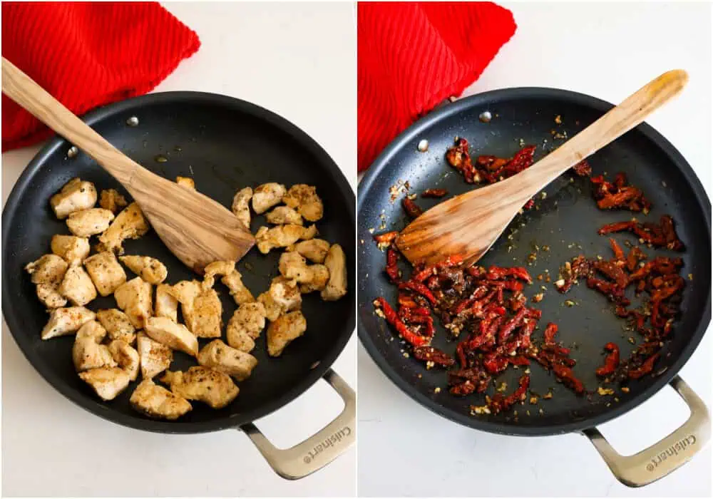 Some of the steps to make Marry Me Chicken pasta. Brown the chicken until cooked through. Remove the chicken to a plate leaving any fat in the skillet. Reduce the heat to low and add the sundried tomatoes, garlic, and Italian seasoning. 