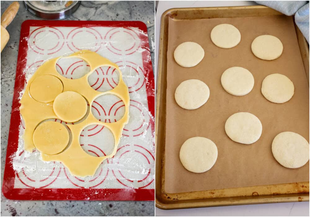 Some of the steps to making lofthouse cookies. Carefully peel off the parchment paper and flip the dough onto a lightly floured surface. Peel off the other piece of parchment paper. Using a round cookie cutter or biscuit cutter, cut the cookies and place them on a parchment paper-lined baking sheet with 1 1/2-2 inches between the cookies.