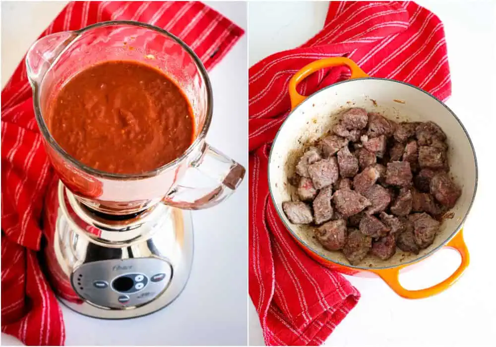 Some of the steps to making chile colorado.  Add the softened peppers, one cup of the water the peppers were softened in (reserve the rest of the water), the sauteed onions and garlic, oregano, ground cumin, and smoked paprika to a blender. Blend on high until well combined. Brown the chuck roast on both sides and remove it to a plate.