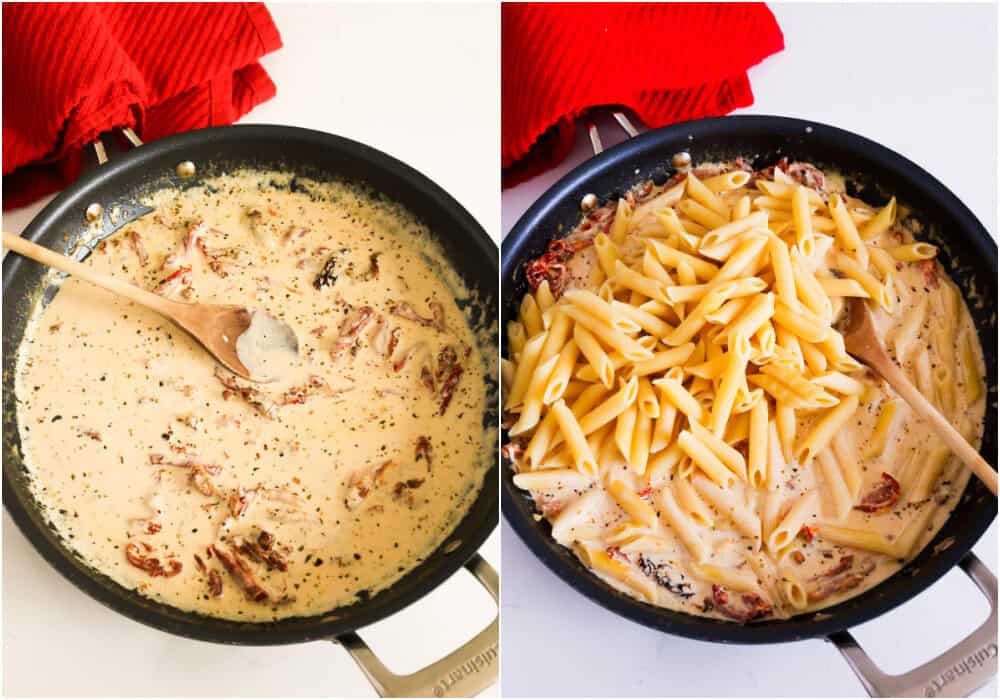 Some of the steps to make Marry Me Chicken pasta.  Slowly stir in the heavy cream, Parmesan cheese, and red pepper flakes. Add the chicken, pasta, and basil to the skillet and toss to combine.