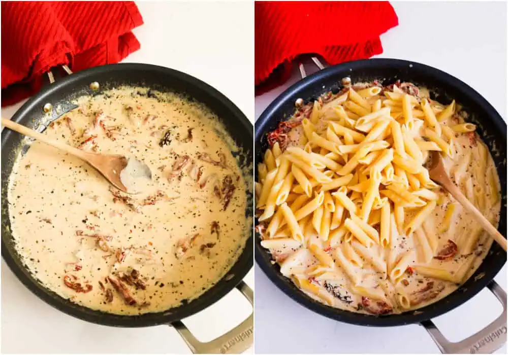 Some of the steps to make Marry Me Chicken pasta.  Slowly stir in the heavy cream, Parmesan cheese, and red pepper flakes. Add the chicken, pasta, and basil to the skillet and toss to combine.