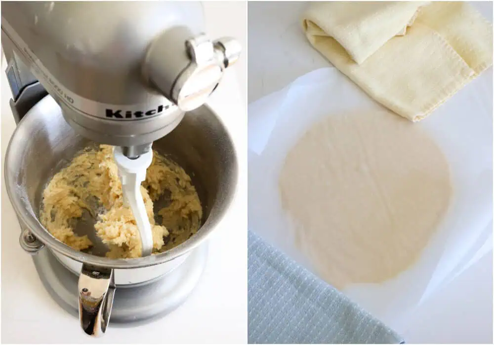 Some of the steps to making lofthouse cookies. Add the flour mixture to the butter mixture, mixing just until combined, again scraping down the bowl and beaters when needed. Form the dough into a disk and flatten it to about 1/4 inch between two pieces of parchment paper using a rolling pin.