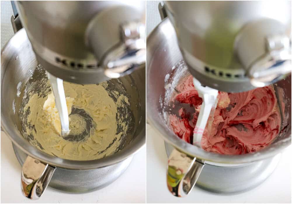 Some of the steps to making lofthouse cookies. While the cookies are baking and cooling, use a stand mixer with the paddle attachment or a handheld mixer on medium speed to beat the butter until smooth. Add the powdered sugar 1/2 cup at a time until well blended, scraping down the bowl and beaters as needed. Reduce the speed to low and add the vanilla and the raspberry jelly. 