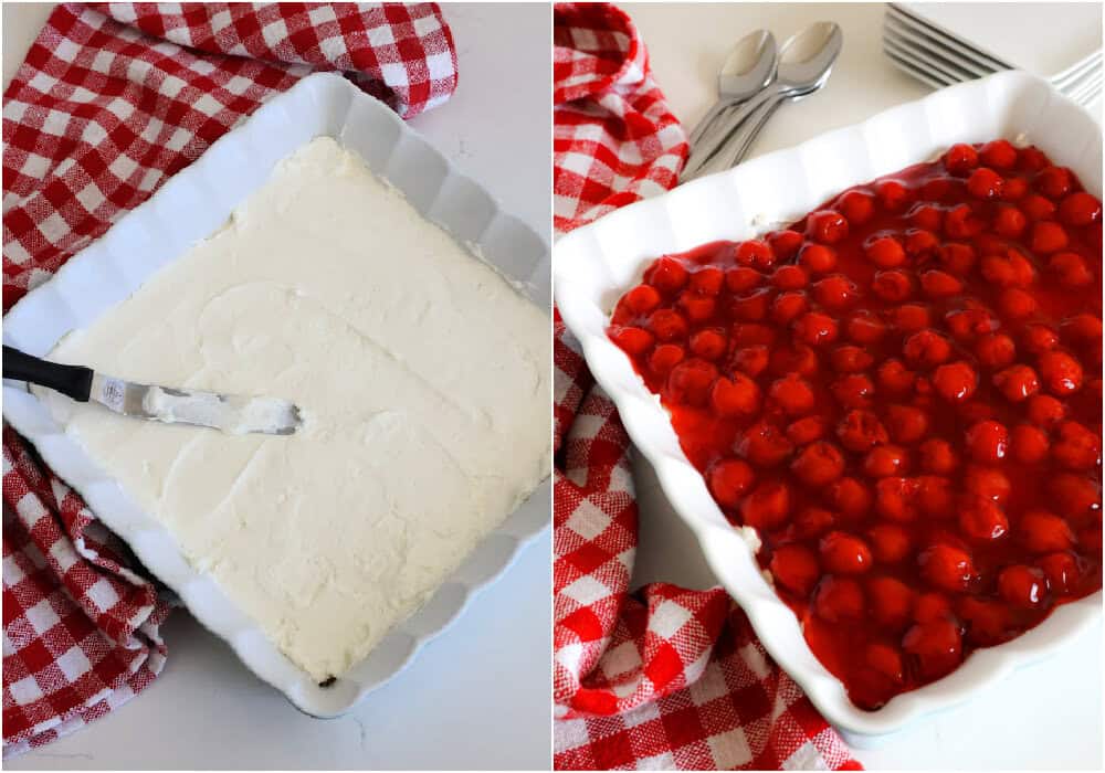 Some of the steps to making cherry delight. Spread the cream cheese mixture over the graham cracker crust using an offset spatula. Carefully spoon the cherries over the whipped cream mixture, cover, and refrigerate for at least 4 hours up to overnight. 