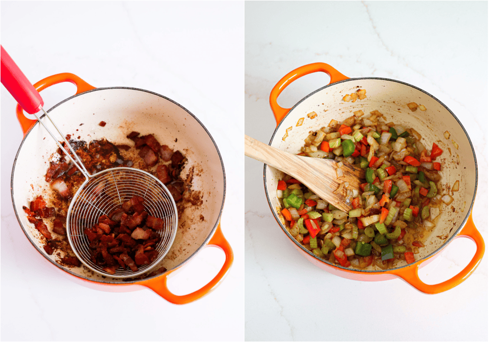 How to make Charleston red rice. Cook the chopped bacon in a Dutch oven over medium-low heat until crispy. Move the bacon to paper towels to drain.  Add the onions, celery, and bell pepper, and saute over medium-low heat until the onions and celery are soft.