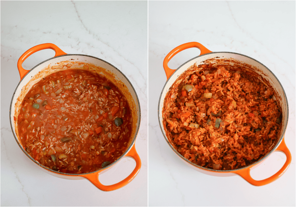 Some of the steps for making Charleston red rice. Stir in the rice, chicken broth, tomato paste, sugar, Cajun seasoning, salt, black pepper, and cooked bacon. Bring the mixture to a boil, then reduce and simmer for 5 minutes. 
Cover the dish and bake it in the oven for 35-40 minutes.