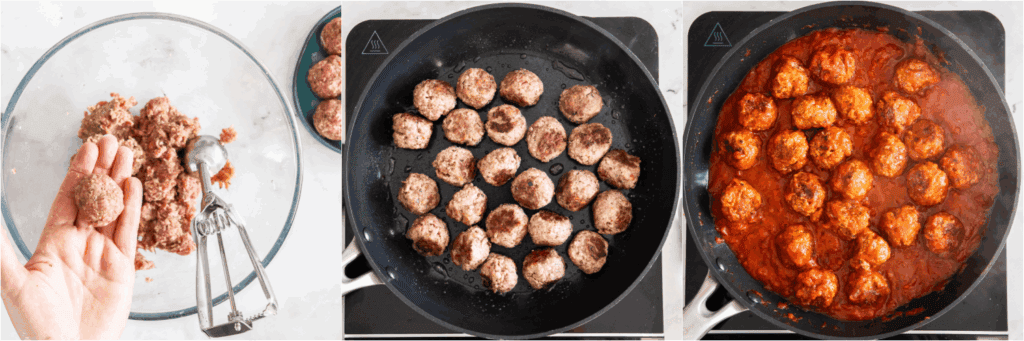 Some of the steps to making meatball subs. Combine all the ingredients for the meatballs and roll them into balls. Brown them over medium heat in a large skillet. Remove any excess grease. Add the marinara and simmer the meatballs for about 15 minutes.