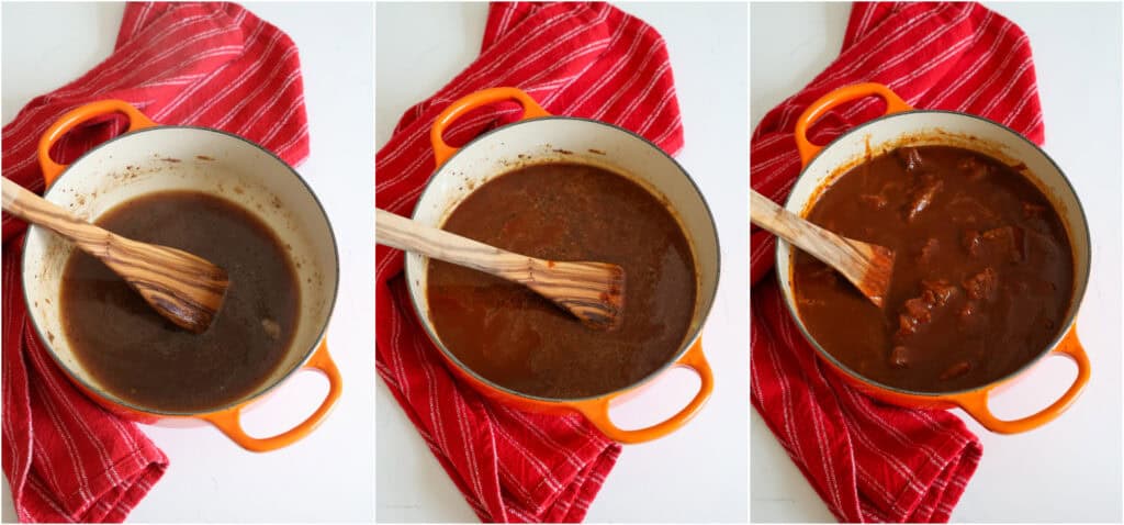 Some of the steps to making chile colorado.  Add the beef broth and scrape the bottom of the pot to those delicious brown bits up. Add the chile sauce to the pot and simmer for a few minutes, scraping the pot a little more. Add the beef back to the pot and bring the mixture to a boil. Then reduce and simmer for about an hour or until the beef is very tender. 