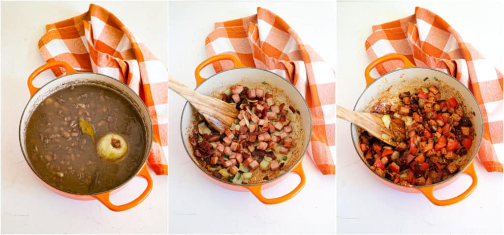 Some of the steps to making charro beans. Rinse the beans and sort through them, removing any pebbles. Add the beans, onion, garlic, bay leaves, salt, and water to a large pot or Dutch oven. Bring the beans to a boil over medium-high heat. Reduce the heat, cover, and simmer for 1 1/2 to 2 hours or until tender. Fish out and discard the onion, garlic, and bay leaves. Wipe the Dutch oven clean, add the bacon, and cook over medium heat until it is about halfway browned, stirring frequently. Then, add the ham and chopped onion and continue cooking until the bacon is brown and the onion is soft. Remove any excess bacon grease (or most of it). Reduce the heat to low and add jalapeno pepper, garlic, tomatoes, chipotle pepper, marjoram, cumin, and smoked paprika