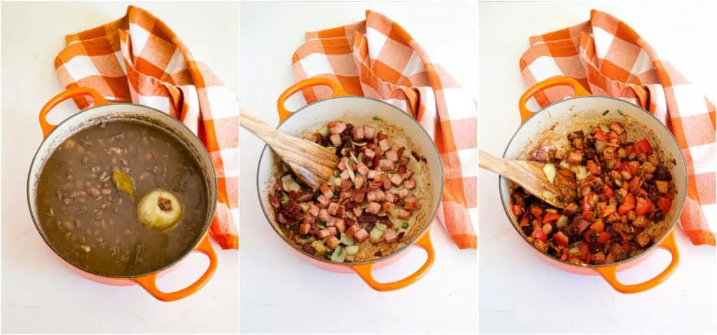 Some of the steps to making charro beans. Rinse the beans and sort through them, removing any pebbles. Add the beans, onion, garlic, bay leaves, salt, and water to a large pot or Dutch oven. Bring the beans to a boil over medium-high heat. Reduce the heat, cover, and simmer for 1 1/2 to 2 hours or until tender. Fish out and discard the onion, garlic, and bay leaves. Wipe the Dutch oven clean, add the bacon, and cook over medium heat until it is about halfway browned, stirring frequently. Then, add the ham and chopped onion and continue cooking until the bacon is brown and the onion is soft. Remove any excess bacon grease (or most of it). Reduce the heat to low and add jalapeno pepper, garlic, tomatoes, chipotle pepper, marjoram, cumin, and smoked paprika