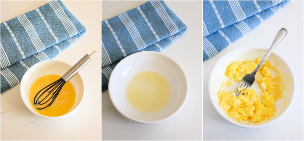 The steps to making microwave scrambled eggs. whisk together the eggs and a little bit of cool water. While you are doing that, melt a tablespoon of butter in a microwave-safe bowl. Add the eggs to the bowl and microwave at 50% power for 20-second increments, stirring with a fork between each increment. Cook just until set.