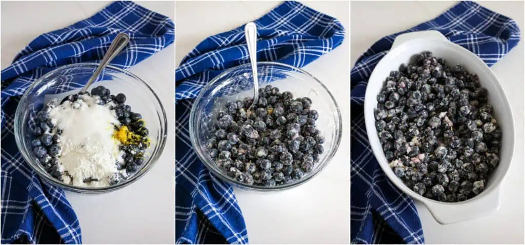 Some of the steps making blueberry cobbler.  In a medium bowl, stir together the blueberries, sugar, cornstarch, and cinnamon.  Pour the blueberry mixture into the bottom of the baking dish on top of the butter.