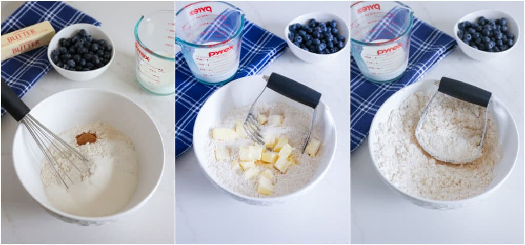 Some ot the steps to making blueberry cobbler. Whisk the flour, sugar, baking powder, salt, and ground cinnamon. Using a pastry cutter, cut in the butter until the mixture is crumbly.