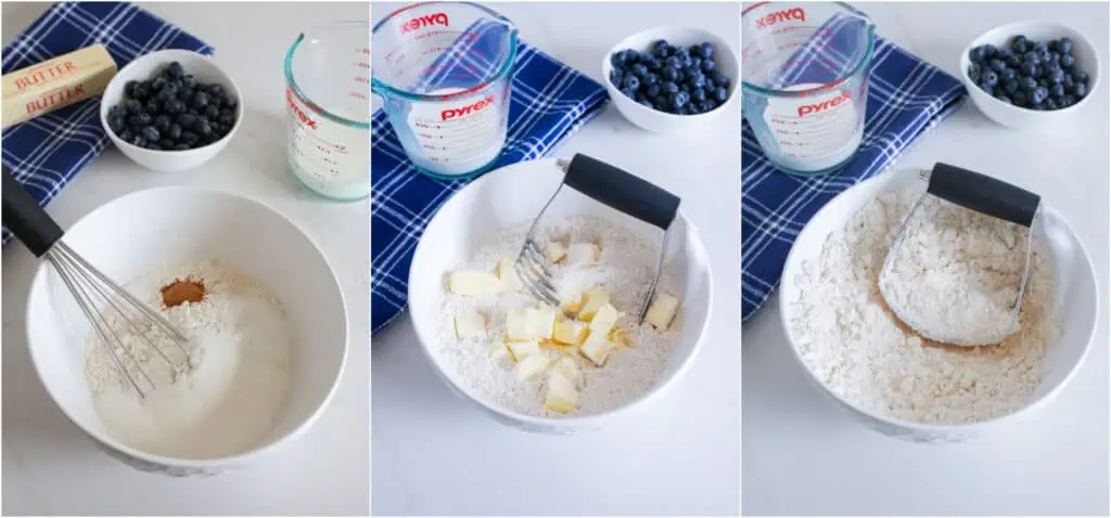 Some ot the steps to making blueberry cobbler. Whisk the flour, sugar, baking powder, salt, and ground cinnamon. Using a pastry cutter, cut in the butter until the mixture is crumbly. 