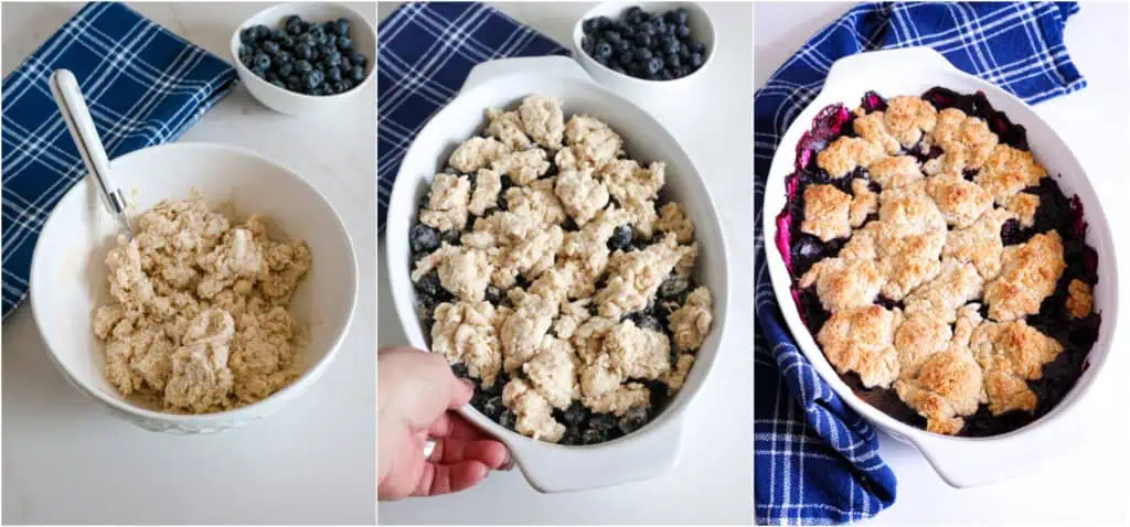 Some of the steps to making blueberry cobbler. Stir in the buttermilk just until the mixture is moistened.  Drop the batter by rounded spoonfuls onto the blueberries. Sprinkle lightly with sugar and bake.