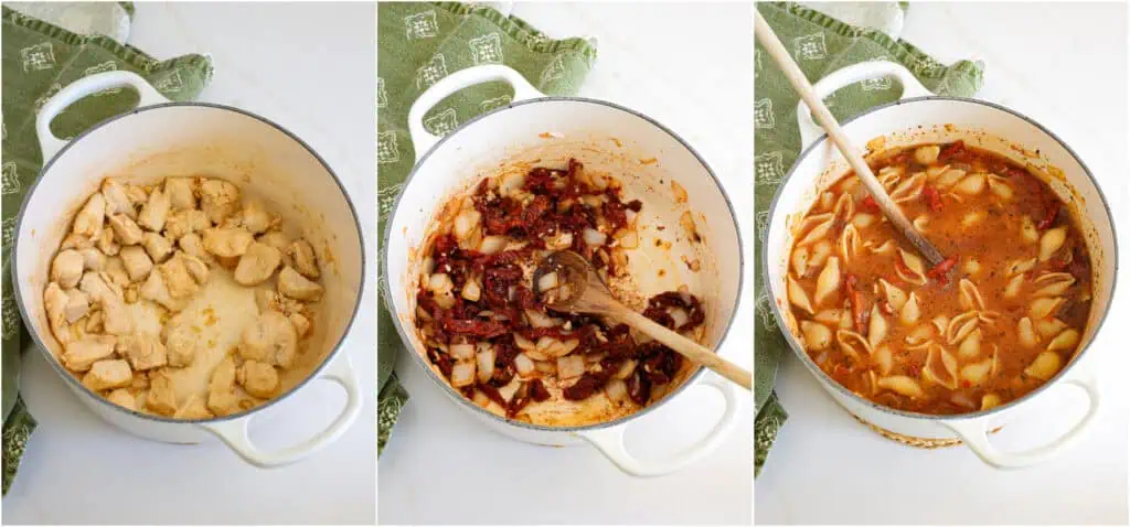 Some of the steps to making Marry Me Chicken Soup. Brown the chicken on both sides and remove it to a plate, leaving the fat in the pot. If needed, heat a little more olive oil in the pot. Add the onion and cook until soft.

Then, reduce the heat to low and add the garlic, sundried tomatoes, Italian seasoning, and red pepper flakes. Cook for 1-2 minutes while stirring. Stir in the chicken broth and tomato paste. Bring the mixture to a boil and stir in the pasta. Reduce the heat to a simmer and cook until the pasta is al dente or still a little firm.
