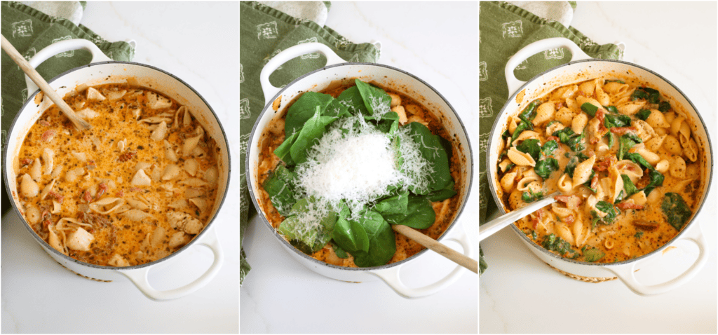 Some of the steps to making Marry Me Chicken Soup. Remove the pot from the heat and stir in the heavy cream, Parmesan cheese, and spinach. Season with salt and freshly ground black pepper to taste.