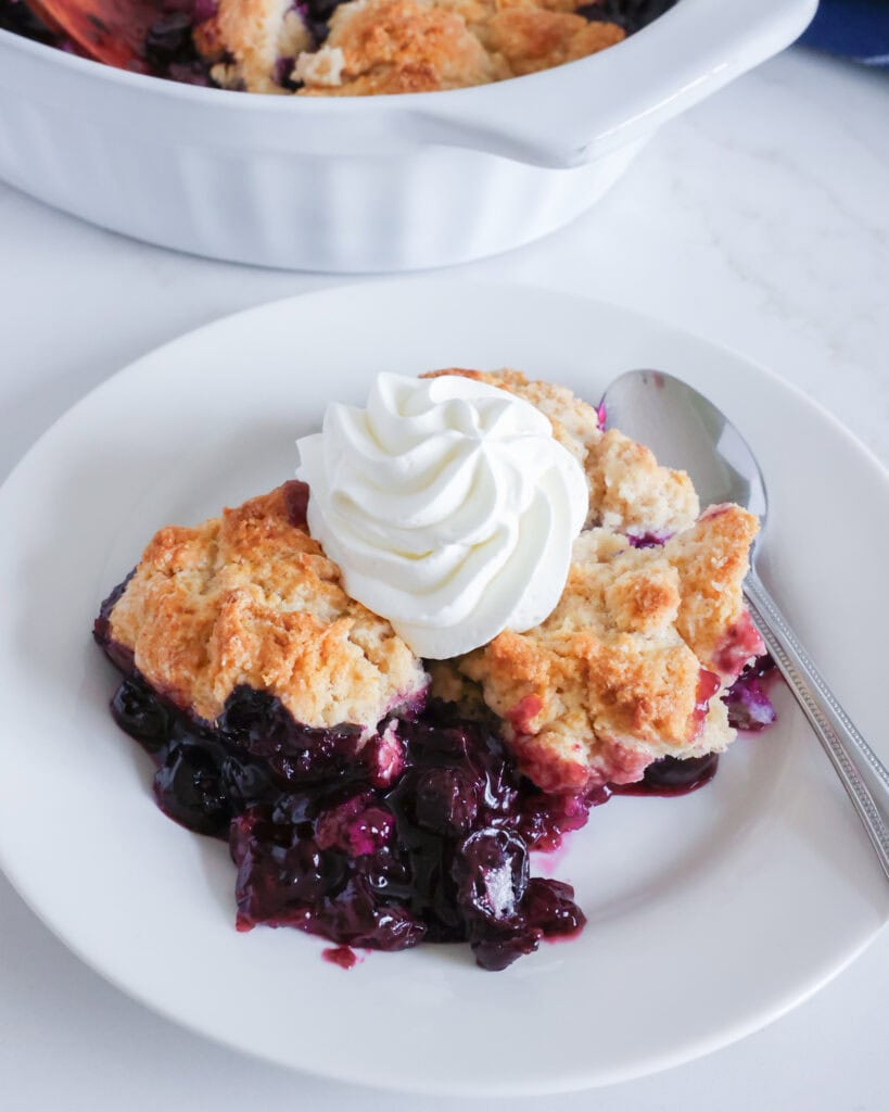 An overhead view of blueberry cobbler topped with whipped cream with the rest of the blueberry cobbler in the background.