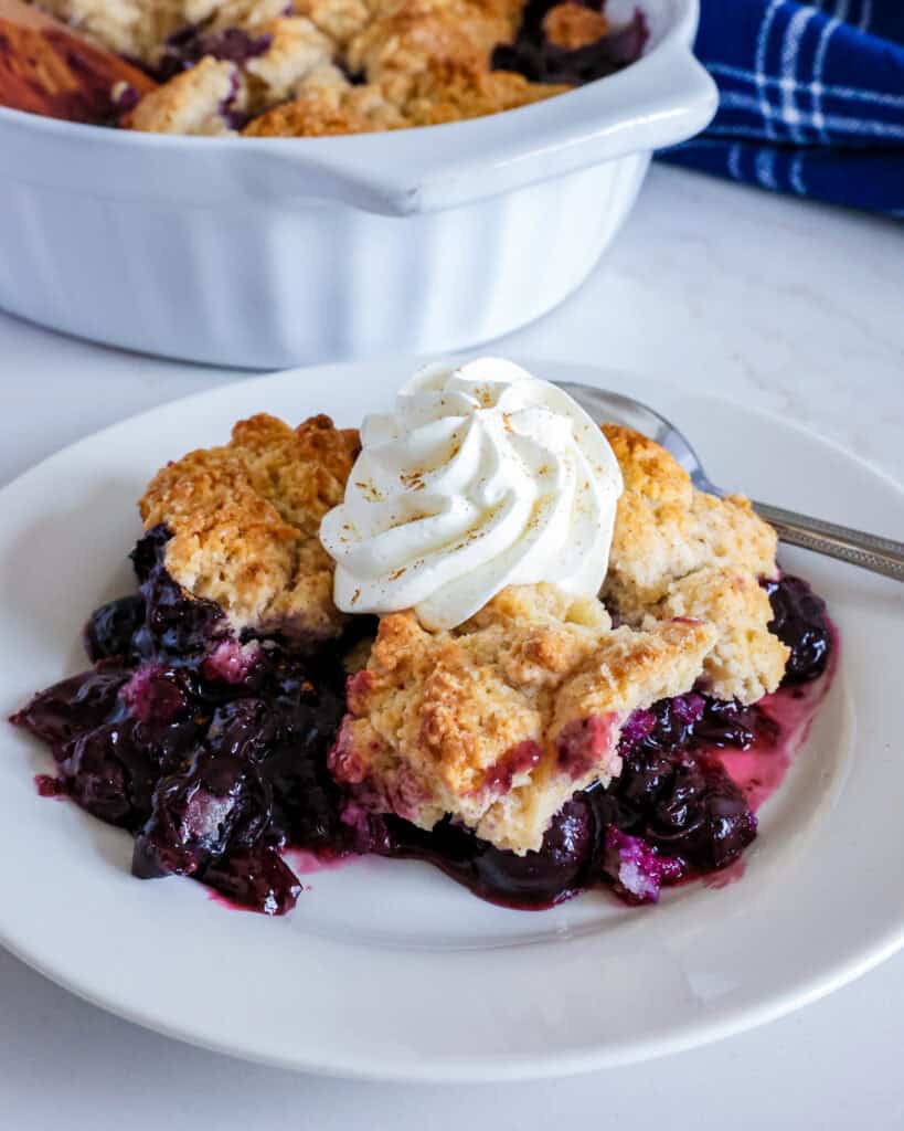 Blueberry cobbler topped with whipped cream on a single serving white plate with a spoon.