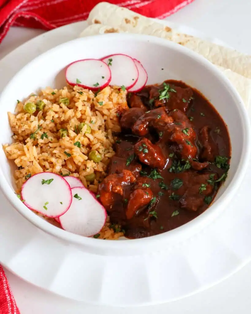 A single serving bowl with chili colorado, Mexican rice, and sliced radishes. 