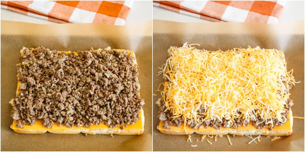 Some of the steps for making cheeseburger sliders. Spoon the ground mixture on top of the sliced cheddar. Evenly sprinkle the shredded cheese over the ground beef.